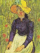Vincent Van Gogh Young Peasant Woman with straw hat sitting in front of a wheat field oil painting reproduction